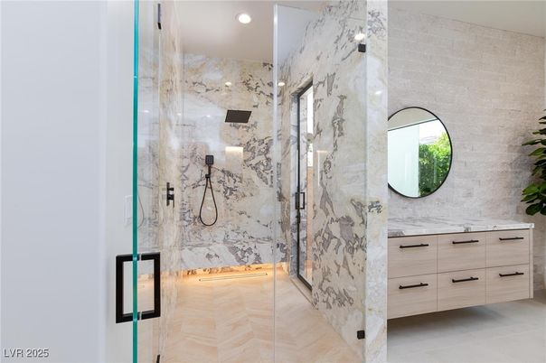 Bathroom, Glass Shower, Interior, Marble Walls, Recessed Lighting