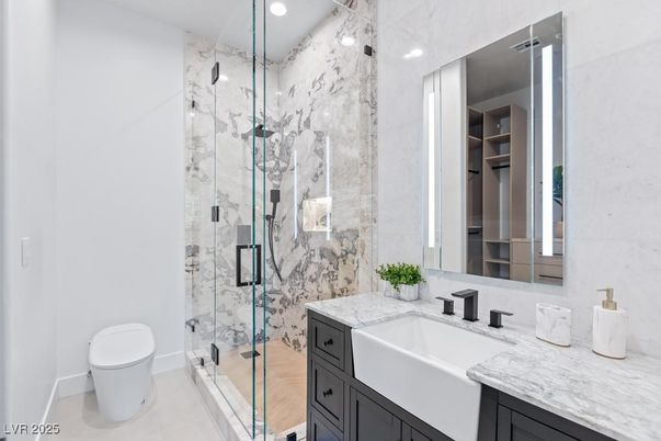 Bathroom, Glass Shower, Interior, Marble Walls, Recessed Lighting