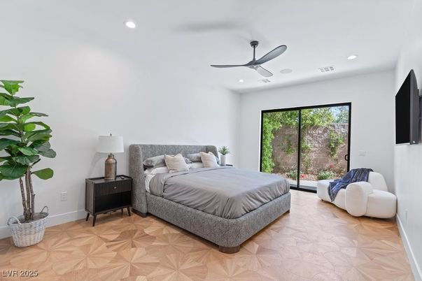 Bedroom, Interior, Recessed Lighting, Wood Texture Flooring