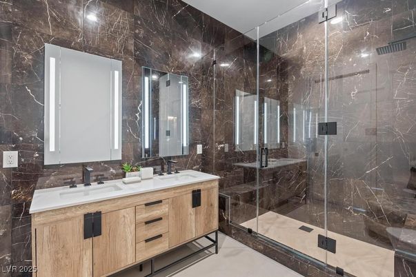 Bathroom, Dual Sink Vanities, Glass Shower, Interior, Marble Walls