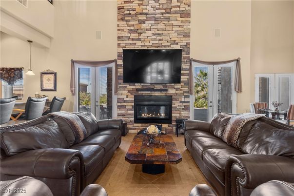 Dining room, Fireplace, Interior, Living room, Pendant Lights, Stone Walls, Wood Texture Flooring