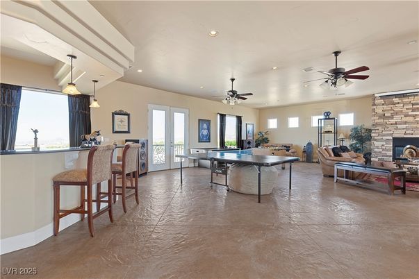 Fireplace, Interior, Pendant Lights, Recessed Lighting, Stone Walls