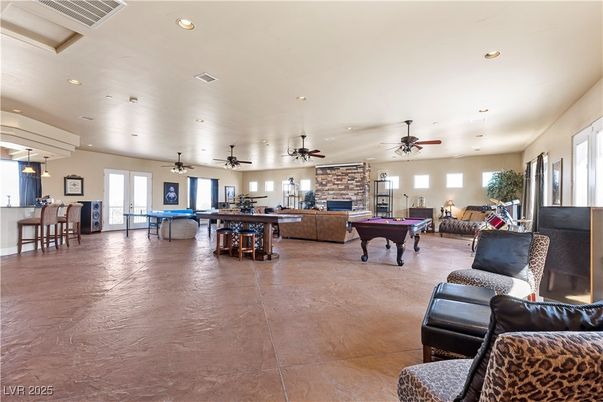 Billiard Table, Game Room, Interior, Living room, Pendant Lights, Recessed Lighting, Stone Walls