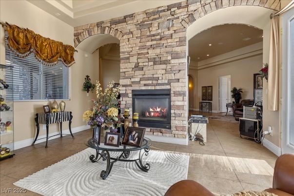 Fireplace, Interior, Recessed Lighting, Stone Walls