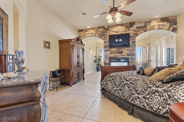 Bedroom, Fireplace, Interior, Recessed Lighting, Stone Walls
