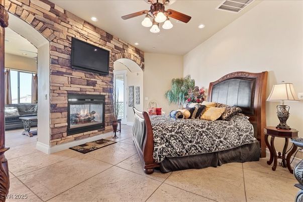 Bedroom, Fireplace, Interior, Recessed Lighting, Stone Walls