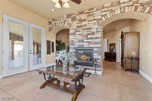 Fireplace, Interior, Living room, Recessed Lighting, Stone Walls