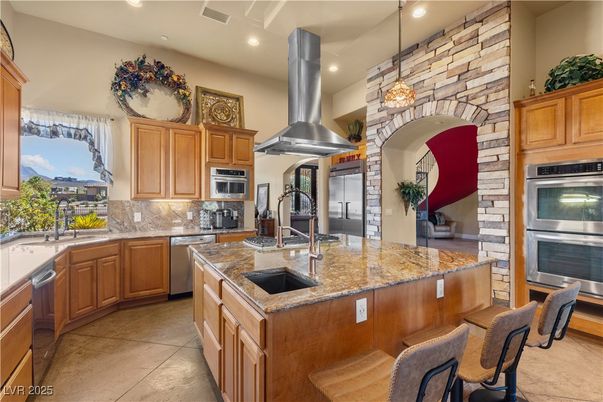 Interior, Kitchen, Pendant Lights, Recessed Lighting, Stainless Steel Appliances, Stone Walls