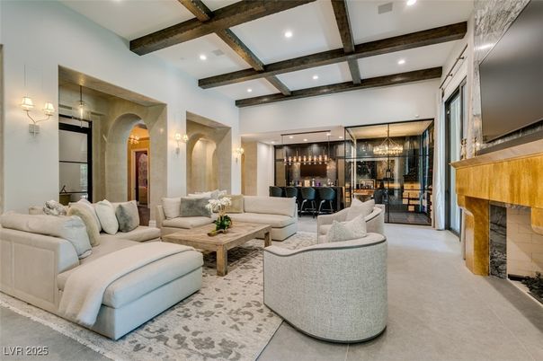 Dining room, Fireplace, Interior, Living room, Pendant Lights, Recessed Lighting, Wooden Beams