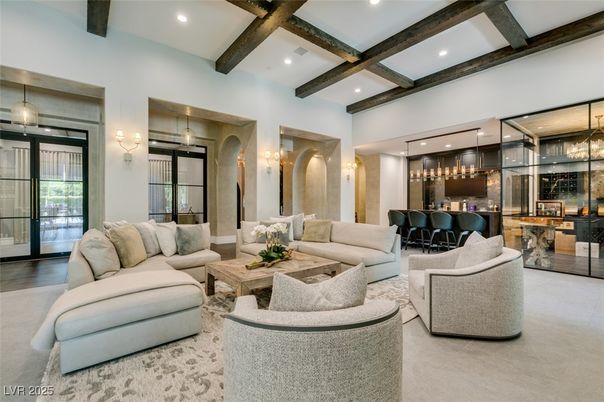 Dining room, Interior, Living room, Pendant Lights, Recessed Lighting, Wooden Beams