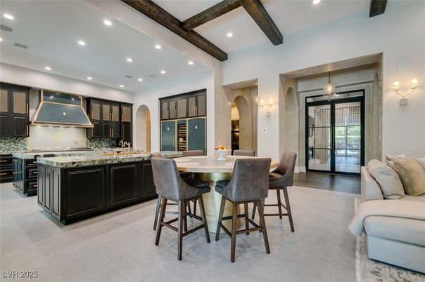Dining room, Interior, Kitchen, Pendant Lights, Recessed Lighting, Stainless Steel Appliances, Wooden Beams