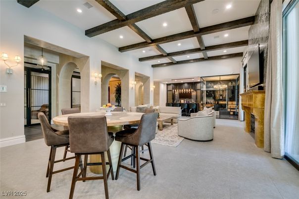 Dining room, Interior, Living room, Pendant Lights, Recessed Lighting, Wooden Beams