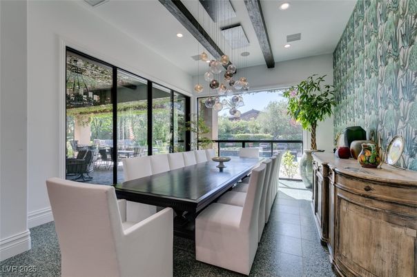 Dining room, Interior, Pendant Lights, Recessed Lighting, Wooden Beams