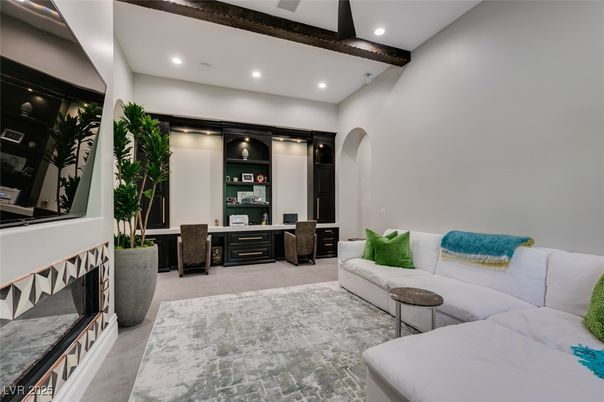 Fireplace, Interior, Living room, Recessed Lighting, Wooden Beams