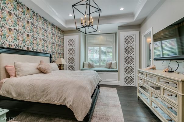 Bedroom, Interior, Pendant Lights, Recessed Lighting, Wood Texture Flooring