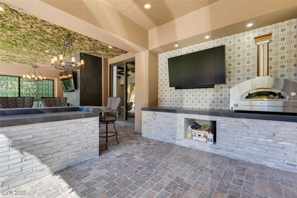 Chandelier, Fireplace, Interior, Pendant Lights, Recessed Lighting, Stone Walls