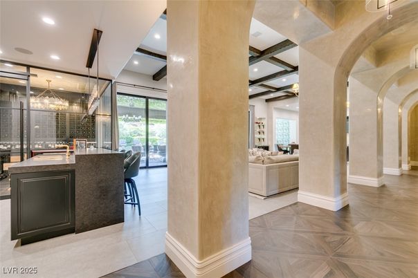 Interior, Living room, Recessed Lighting, Wine Storage, Wood Texture Flooring
