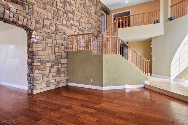 Interior, Recessed Lighting, Stone Walls, Wood Texture Flooring