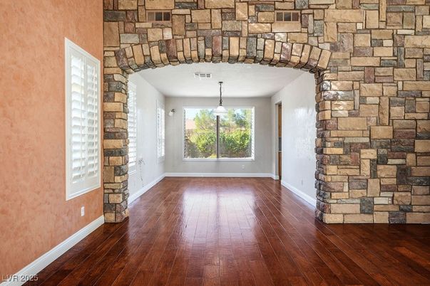 Empty room, Interior, Pendant Lights, Stone Walls, Wood Texture Flooring