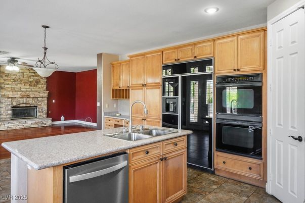 Fireplace, Interior, Kitchen, Pendant Lights, Recessed Lighting, Stone Walls