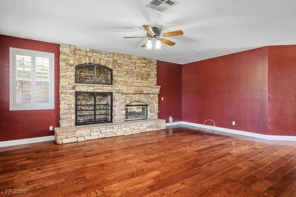 Empty room, Fireplace, Interior, Stone Walls, Wood Texture Flooring