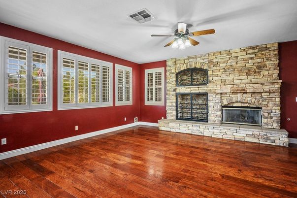 Empty room, Fireplace, Interior, Stone Walls, Wood Texture Flooring