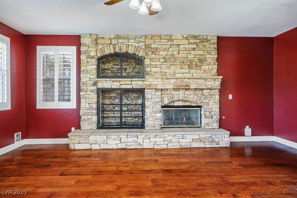 Empty room, Fireplace, Interior, Stone Walls, Wood Texture Flooring
