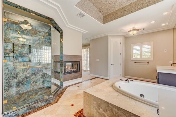 Bathroom, Fireplace, Glass Shower, Interior, Recessed Lighting