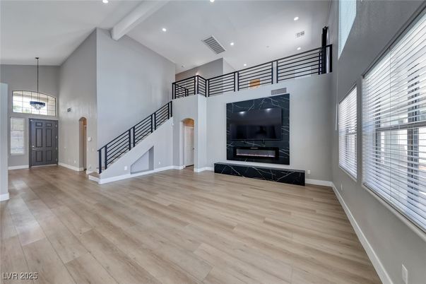 Fireplace, Interior, Pendant Lights, Recessed Lighting, Wood Texture Flooring