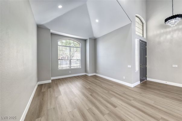 Empty room, Interior, Pendant Lights, Recessed Lighting, Wood Texture Flooring
