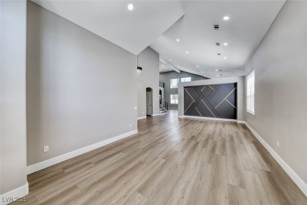 Empty room, Interior, Pendant Lights, Recessed Lighting, Wood Texture Flooring