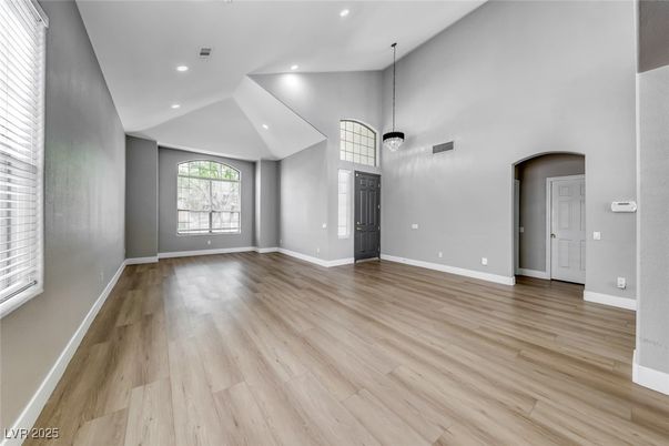 Empty room, Interior, Pendant Lights, Recessed Lighting, Wood Texture Flooring
