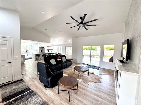 Interior, Kitchen, Living room, Pendant Lights, Recessed Lighting, Wood Texture Flooring