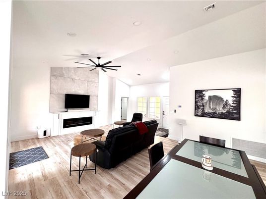 Fireplace, Interior, Living room, Recessed Lighting, Wood Texture Flooring