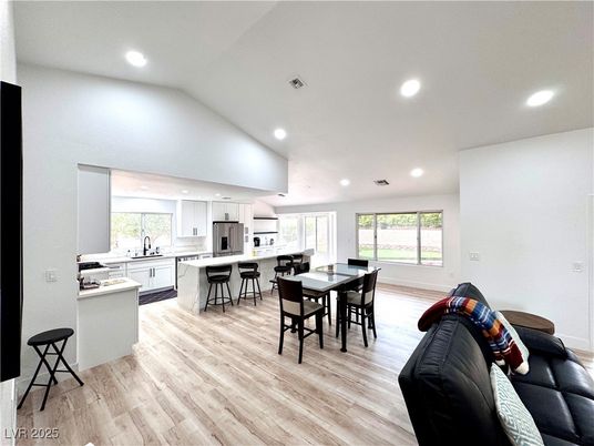Dining room, Interior, Kitchen, Recessed Lighting, Wood Texture Flooring