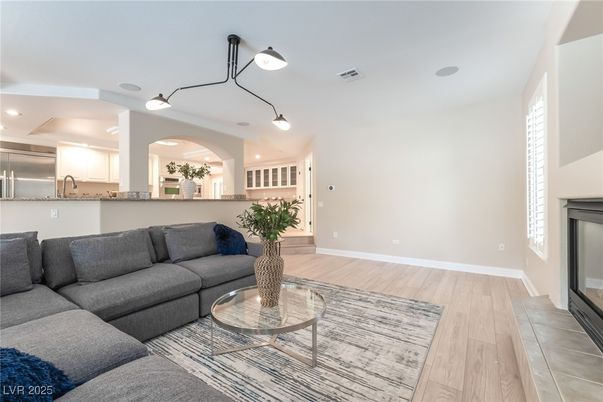 Fireplace, Interior, Living room, Recessed Lighting, Wood Texture Flooring