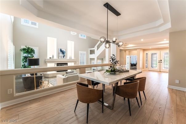 Dining room, Interior, Living room, Pendant Lights, Recessed Lighting, Wood Texture Flooring