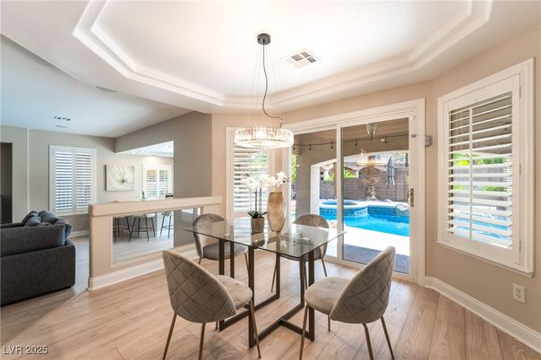 Dining room, Interior, Pendant Lights, Wood Texture Flooring