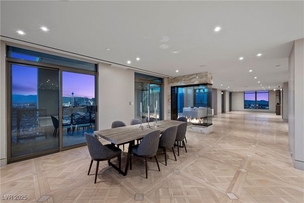 Dining room, Fireplace, Interior, Recessed Lighting