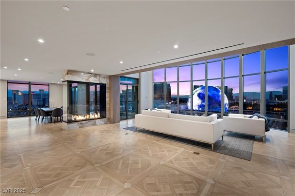 Dining room, Fireplace, Interior, Living room, Recessed Lighting, Wood Texture Flooring