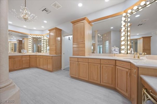 Bathroom, Chandelier, Dual Sink Vanities, Interior, Pendant Lights, Recessed Lighting