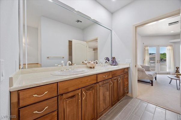 Bathroom, Dual Sink Vanities, Interior, Recessed Lighting, Wood Texture Flooring