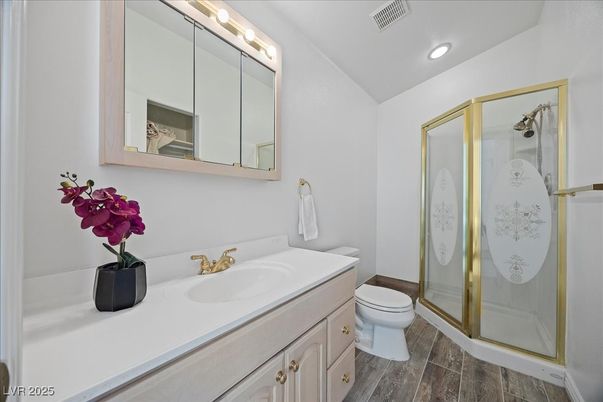 Bathroom, Glass Shower, Interior, Recessed Lighting, Wood Texture Flooring