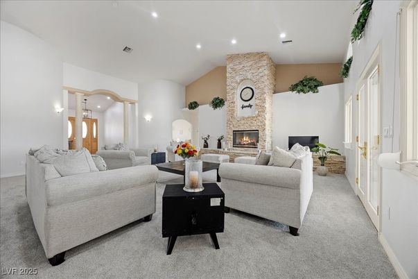 Fireplace, Interior, Living room, Recessed Lighting, Stone Walls