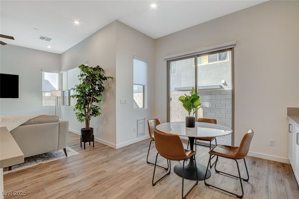 Dining room, Interior, Living room, Recessed Lighting, Wood Texture Flooring