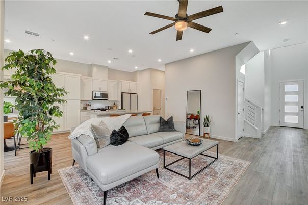 Interior, Kitchen, Living room, Recessed Lighting, Stainless Steel Appliances, Wood Texture Flooring