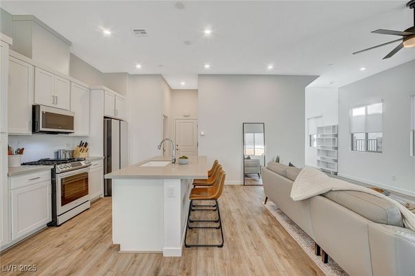Interior, Kitchen, Living room, Recessed Lighting, Stainless Steel Appliances, Wood Texture Flooring