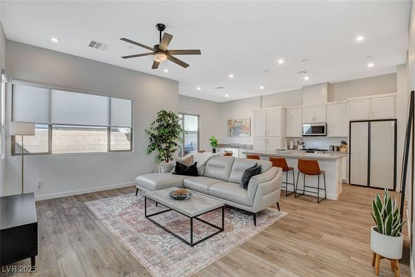 Interior, Kitchen, Living room, Recessed Lighting, Stainless Steel Appliances, Wood Texture Flooring