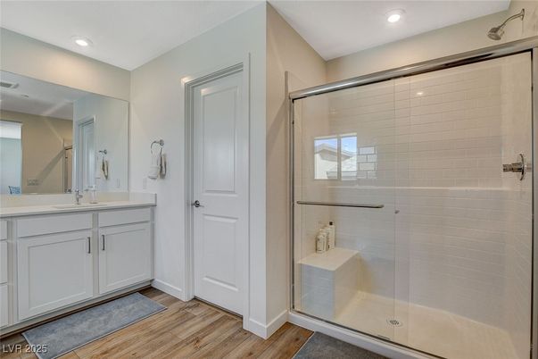 Bathroom, Glass Shower, Interior, Recessed Lighting, Wood Texture Flooring