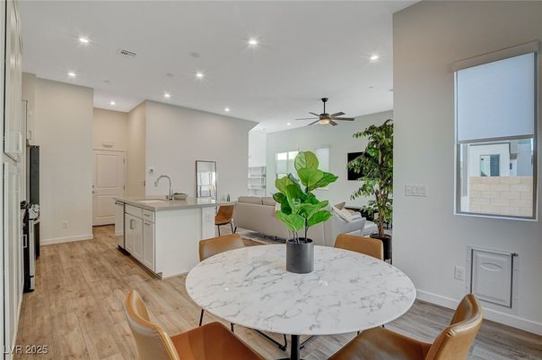 Dining room, Interior, Kitchen, Recessed Lighting, Wood Texture Flooring